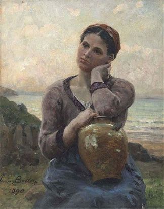 年轻的农家女孩与海背景上的水壶 Young Peasant Girl with a Jug on a Sea Background (1890)，朱利叶斯·布雷顿