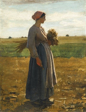 田野里的年轻女子 Young Woman in the Fields (c.1864)，朱利叶斯·布雷顿