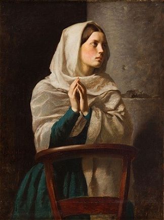 年轻女子在教堂祈祷 Young Woman Praying in Church (1854)，朱利叶斯·布雷顿