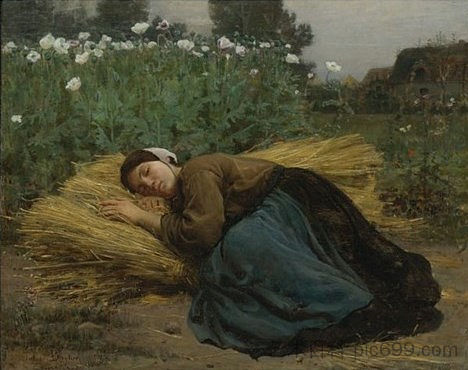 年轻的死神睡在麦穗上 Young Reaper Sleeping on Sheaves of Wheat (1866)，朱利叶斯·布雷顿