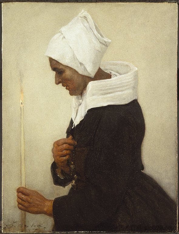 布列塔尼农妇拿着锥子 Breton Peasant Woman Holding a Taper (1869)，朱利叶斯·布雷顿