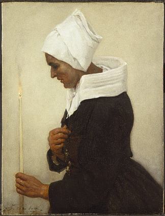 布列塔尼农妇拿着锥子 Breton Peasant Woman Holding a Taper (1869)，朱利叶斯·布雷顿