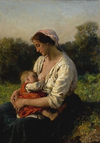 年轻母亲母乳喂养她的孩子 Young Mother Breastfeeding Her Child (1873)，朱利叶斯·布雷顿