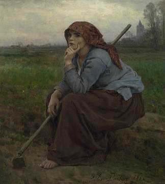 拿着锄头的年轻农家女孩 Young peasant girl with a hoe (1882)，朱利叶斯·布雷顿