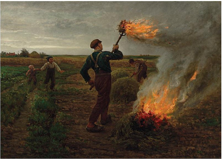 在麦田里燃烧的稗子 Burning Tares in a Wheatfield (1868)，朱利叶斯·布雷顿