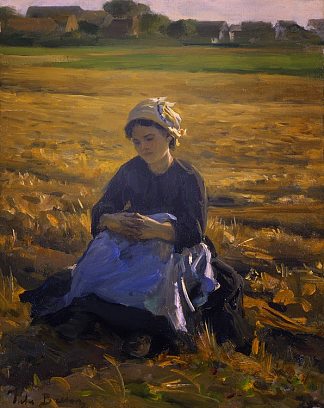 坐在田野里的小拾穗者 Small Gleaner Sitting in the Field (c.1853)，朱利叶斯·布雷顿