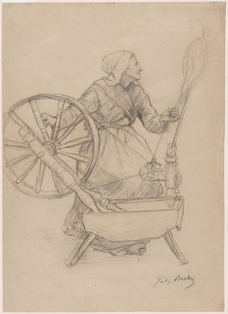 纺车上的女人 Woman at the spinning wheel (1884)，朱利叶斯·布雷顿