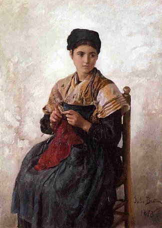 年轻女子针织 Young Woman Knitting (1873)，朱利叶斯·布雷顿