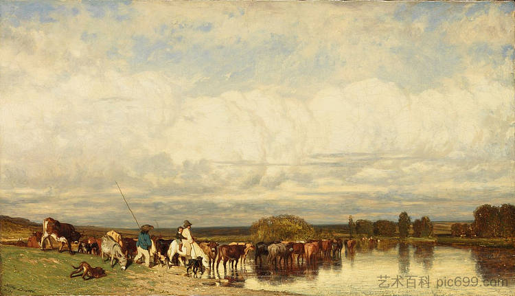 牛穿过浅滩 Cows crossing a ford (1836)，朱班·杜雷