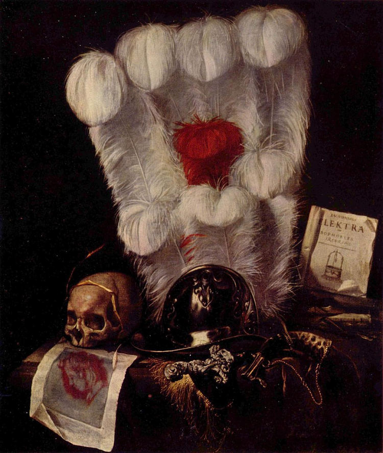 瓦尼塔斯：带羽毛扇的静物 Vanitas: Still-Life with a Feather Fan (c.1670; Netherlands  )，尤里恩范斯特里克