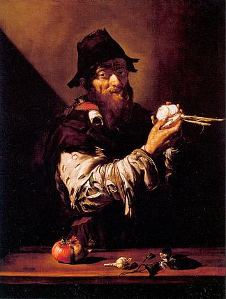 一个拿着洋葱的老人的肖像 Portrait of an Old Man with an Onion (1615; Naples,Italy                     )，胡塞佩·德·里贝拉