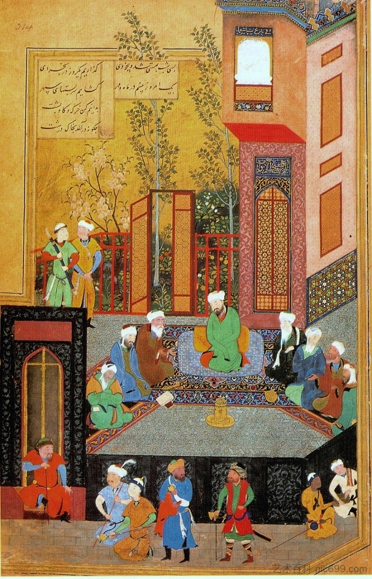 来自依斯干达纳玛的微型画 A miniature painting from the Iskandarnama (1495)，白扎德