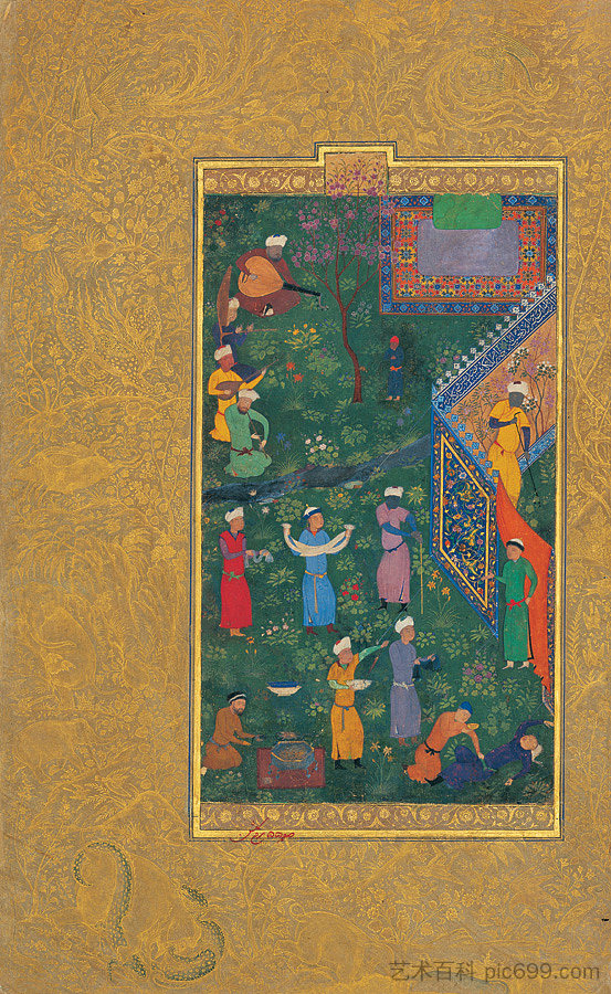 苏丹侯赛因·米尔扎在海滨长廊（左部分） Sultan Hossein Mirza in Promenade (left part)，白扎德