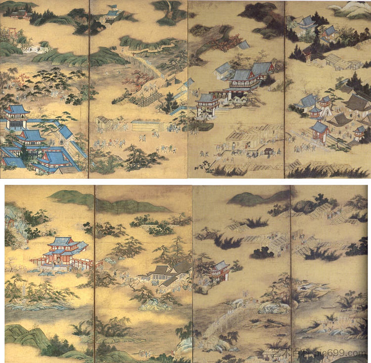 嵯峨野的名景（上）和宇治的名景（下） Famous Views of Sagano (top) and Famous Views of Uji (bottom) (c.1560; Japan  )，狩野永德