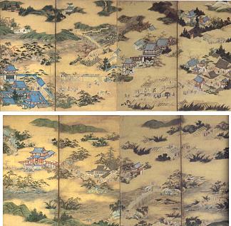 嵯峨野的名景（上）和宇治的名景（下） Famous Views of Sagano (top) and Famous Views of Uji (bottom) (c.1560; Japan                     )，狩野永德