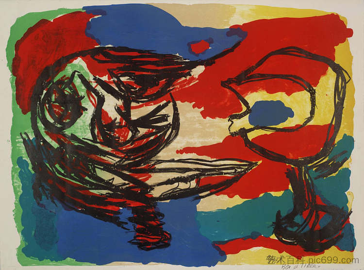 五彩缤纷的风景中的头颅 Heads in a Colourful Landscape (1965)，卡雷尔·阿佩尔