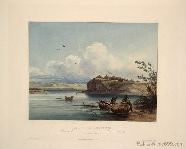 曼丹村，《北美内陆游记》第1卷第16版 A Mandan village, plate 16 from Volume 1 of 'Travels in the Interior of North America' (1843; United States  )，卡尔博德默