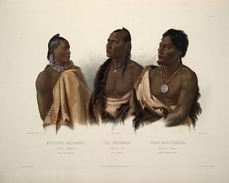 一个密苏里印第安人，一个奥托印第安人和蓬卡人的酋长，图版7来自“北美内陆旅行” A Missouri Indian, an Oto Indian and the Chief of the Puncas, plate 7 from ‘Travels in the Interior of North America’ (1844; United States                     )，卡尔博德默