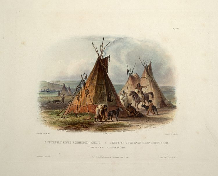 阿西尼博因酋长的皮肤小屋，《北美内陆游记》第 1 卷中的第 16 版 A Skin Lodge of an Assiniboin Chief, plate 16 from Volume 1 of 'Travels in the Interior of North America' (1843; United States  )，卡尔博德默