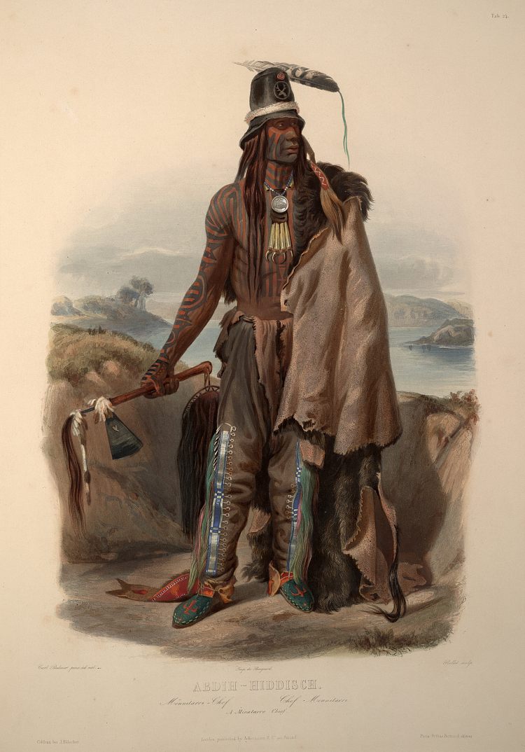 阿卜迪赫-希迪什。《米纳塔尔酋长》，《北美内陆游记》第1卷第24版 Abdih- Hiddisch. A Minatarre Chief, plate 24 from Volume 1 of 'Travels in the Interior of North America' (1834; United States  )，卡尔博德默