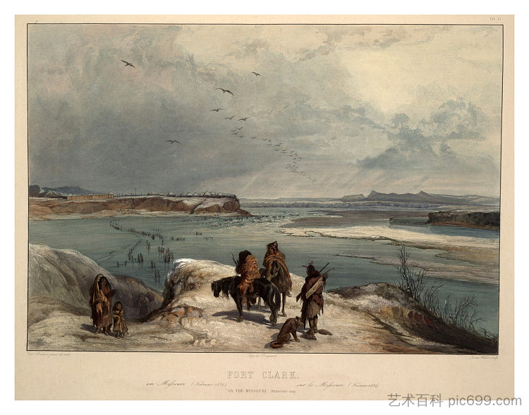 密苏里河上的克拉克堡，1834 年 2 月，《北美内陆游记》第 2 卷第 15 版 Fort Clark on the Missouri, February 1834, plate 15 from Volume 2 of 'Travels in the Interior of North America' (1843; United States  )，卡尔博德默