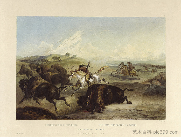 印第安人猎杀野牛，图版 31 来自“北美内陆游记”第 2 卷 Indians hunting the bison, plate 31 from Volume 2 of 'Travels in the Interior of North America' (1834; United States  )，卡尔博德默