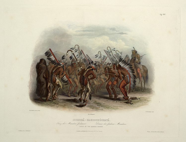 《曼丹印第安人的舞蹈》，图版25，选自《北美内陆游记》第2卷 Ischohä Kakoschochatä Dance of the Mandan Indians, plate 25 from Volume 2 of 'Travels in the Interior of North America' (1843; United States  )，卡尔博德默