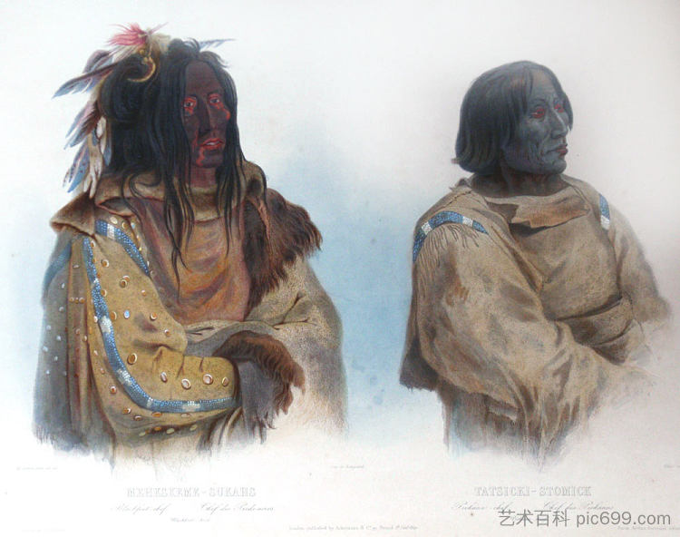 Mehkskeme-Sukahs，黑脚酋长和Tatsicki-Stomick，Piekann Chief，“北美内陆游记”第1卷中的第45版 Mehkskeme-Sukahs, Blackfoot Chief and Tatsicki-Stomick, Piekann Chief, plate 45 from Volume1 of 'Travels in the Interior of North America' (1834; United States  )，卡尔博德默