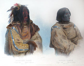 Mehkskeme-Sukahs，黑脚酋长和Tatsicki-Stomick，Piekann Chief，“北美内陆游记”第1卷中的第45版 Mehkskeme-Sukahs, Blackfoot Chief and Tatsicki-Stomick, Piekann Chief, plate 45 from Volume1 of ‘Travels in the Interior of North America’ (1834; United States                     )，卡尔博德默