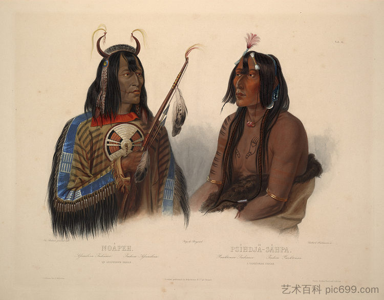 Noapeh,一个Assiniboin印第安人和Psihdja-Sahpa,一个Yanktonan印第安人,图版12,来自“北美内陆游记”第2卷 Noapeh, an Assiniboin Indian and Psihdja-Sahpa, a Yanktonan Indian, plate 12 from Volume 2 of 'Travels in the Interior of North America' (1844; United States ),卡尔博德默