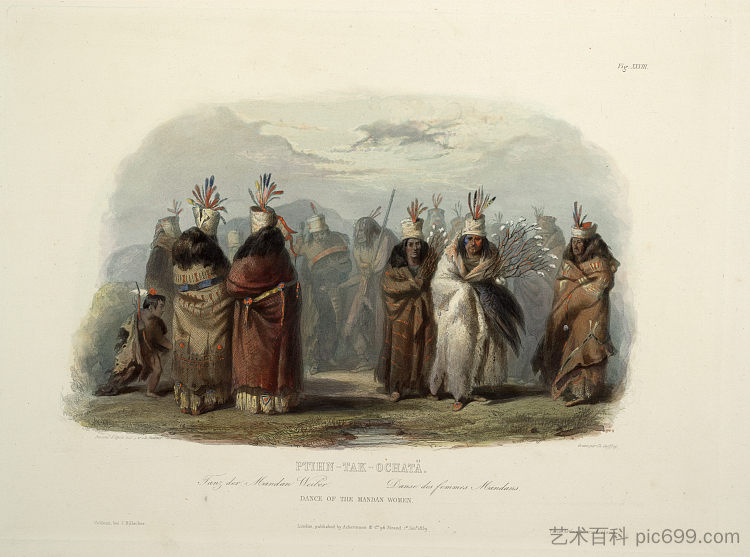 Ptihn-Tak-Ochata，曼丹妇女之舞，“北美内陆游记”第 1 卷第 28 版 Ptihn-Tak-Ochata, Dance of the Mandan Women, plate 28 from Volume 1 of 'Travels in the Interior of North America' (1843; United States  )，卡尔博德默