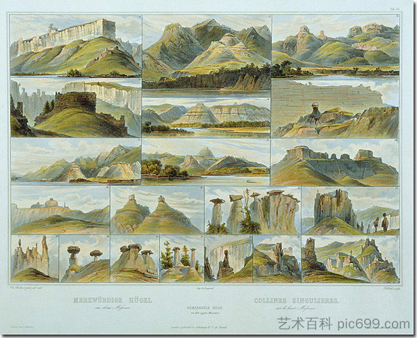 《上密苏里州的非凡山丘》，《北美内陆游记》第2卷第34版 Remarkable Hills on the Upper Missouri, plate 34 from Volume 2 of 'Travels in the Interior of North America' (1843; United States  )，卡尔博德默