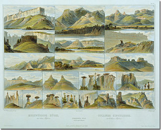 《上密苏里州的非凡山丘》，《北美内陆游记》第2卷第34版 Remarkable Hills on the Upper Missouri, plate 34 from Volume 2 of ‘Travels in the Interior of North America’ (1843; United States                     )，卡尔博德默