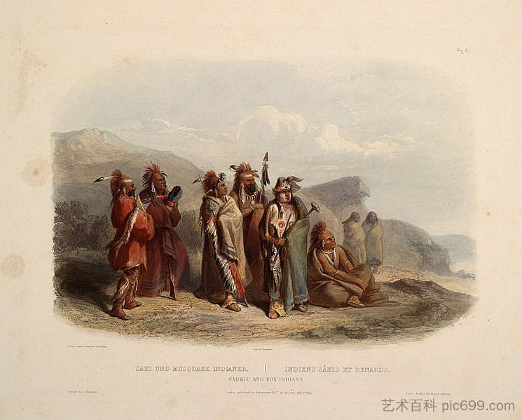 索基和福克斯印第安人,《北美内陆游记》第 1 卷中的第 20 版 Saukie and Fox Indians, plate 20 from Volume 1 of 'Travels in the Interior of North America' (1833; United States ),卡尔博德默