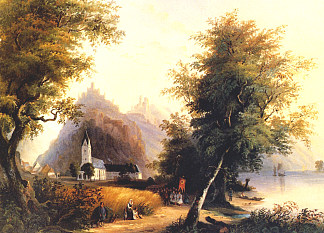莱茵河畔博恩霍芬的“敌人兄弟”，享有修道院和村庄的景色 The ‘Enemy brothers’ in Bornhofen on the Rhine with a convent and village view (c.1830)，卡尔博德默