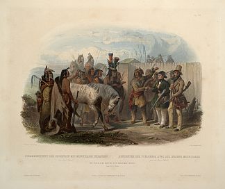 在克拉克堡附近与米纳塔尔印第安人会面的旅行者，“北美内陆旅行”第 1 卷第 26 版 The Travellers Meeting with Minatarre Indians near Fort Clark, plate 26 from Volume 1 of ‘Travels in the Interior of North America’ (1843; United States                     )，卡尔博德默