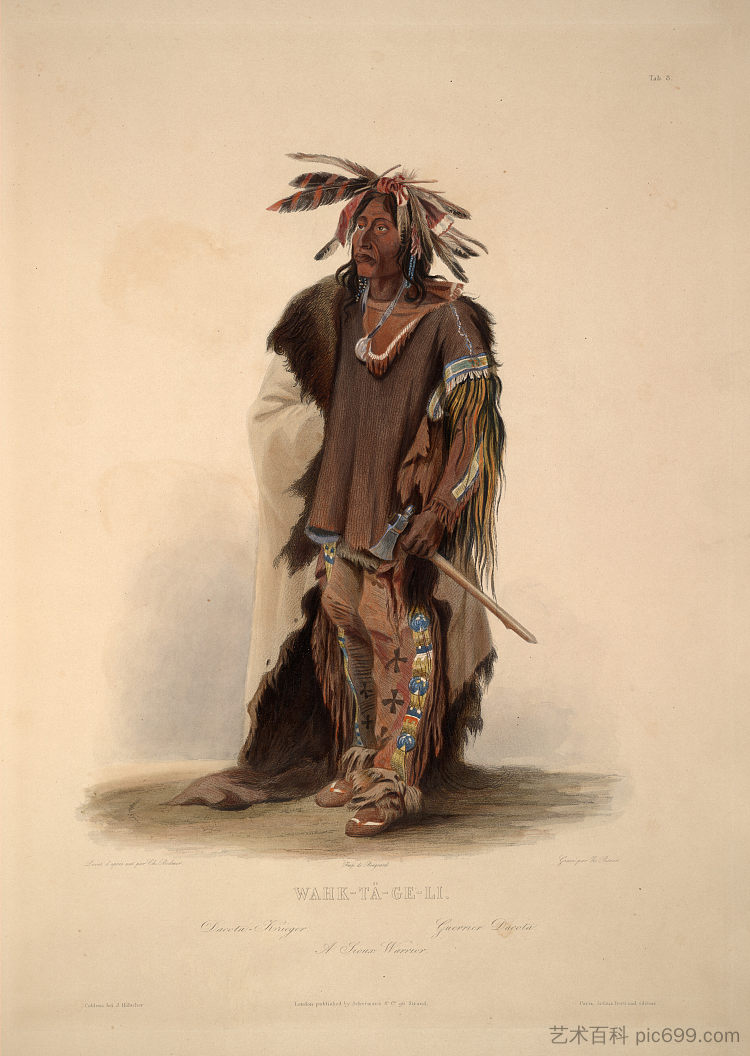 《苏族勇士》第8版,《北美内陆游记》第2卷第8版 Wahk-Ta-Ge-Li, a Sioux Warrior, plate 8 from Volume 2 of 'Travels in the Interior of North America' (1844; United States ),卡尔博德默