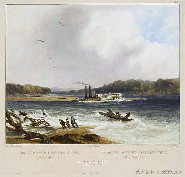 黄石公园，密苏里河汽船，被描绘成搁浅 Yellowstone, Missouri River steamboat, depicted as aground on (1844; United States  )，卡尔博德默