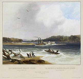 黄石公园，密苏里河汽船，被描绘成搁浅 Yellowstone, Missouri River steamboat, depicted as aground on (1844; United States                     )，卡尔博德默