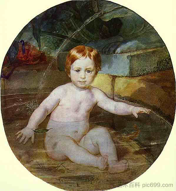 游泳池里的孩子（A.G.加加林王子童年的肖像） Child in a Swimming Pool (Portrait of Prince A. G. Gagarin in Childhood) (1829)，卡尔·布留洛夫