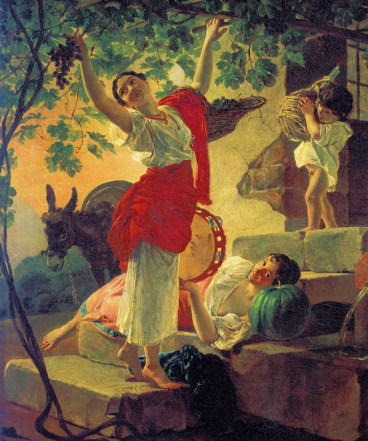女孩在那不勒斯郊区收集葡萄 Girl Gathering Grapes in a Suburb of Naples (1827)，卡尔·布留洛夫