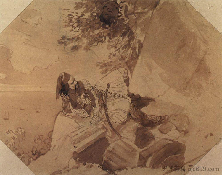 希腊人躺在岩石上 Greek lying on a rock (1835)，卡尔·布留洛夫