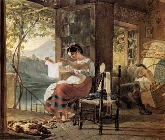 意大利人，期待一个孩子，看着他的衬衫，她的丈夫拼凑了一个摇篮 Italian, Expecting a Child, Looking at His Shirt, Her Husband Cobble Together a Cradle (1831)，卡尔·布留洛夫
