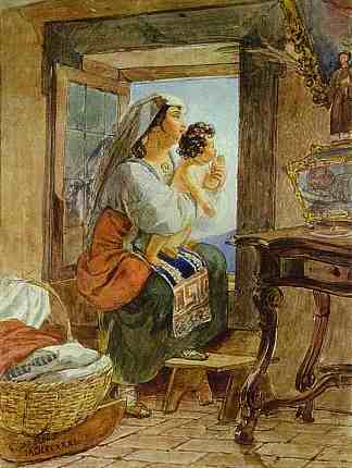 意大利女人和窗边的孩子 Italian Woman with a Child by a Window (1831)，卡尔·布留洛夫