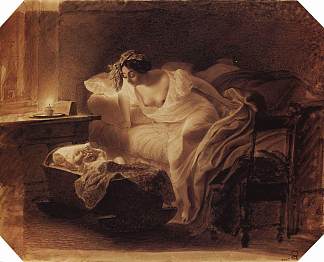 母亲被哭泣的孩子吵醒 Mother Awoken by Her Crying Child (1831)，卡尔·布留洛夫