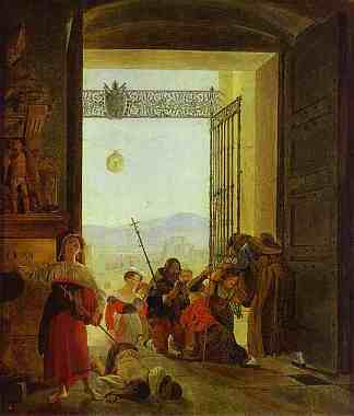 拉特兰大教堂入口处的朝圣者 Pilgrims at the Entrance of the Lateran Basilica (1825)，卡尔·布留洛夫
