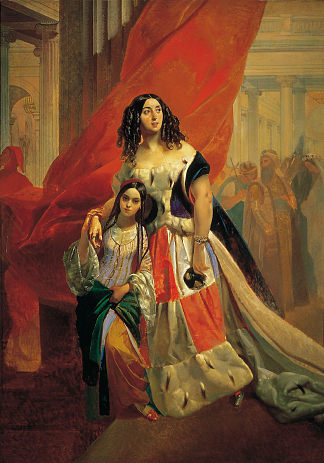 尤利娅·帕夫洛夫娜·萨莫伊洛娃伯爵夫人和她的病房阿玛西莉亚·帕奇尼离开舞会的肖像 Portrait of Countess Yuliya Pavlovna Samoilova and Her Ward Amacilia Pacini Leaving a Ball (c.1842)，卡尔·布留洛夫