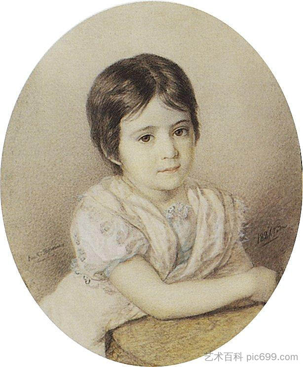 玛丽亚·琪基娜小时候的肖像 Portrait of Maria Kikina as a Child (1821)，卡尔·布留洛夫