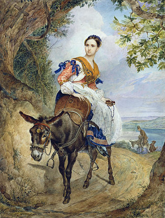 O.P.费岑在驴背上的肖像 Portrait of O. P. Ferzen on a Donkeyback (1835)，卡尔·布留洛夫