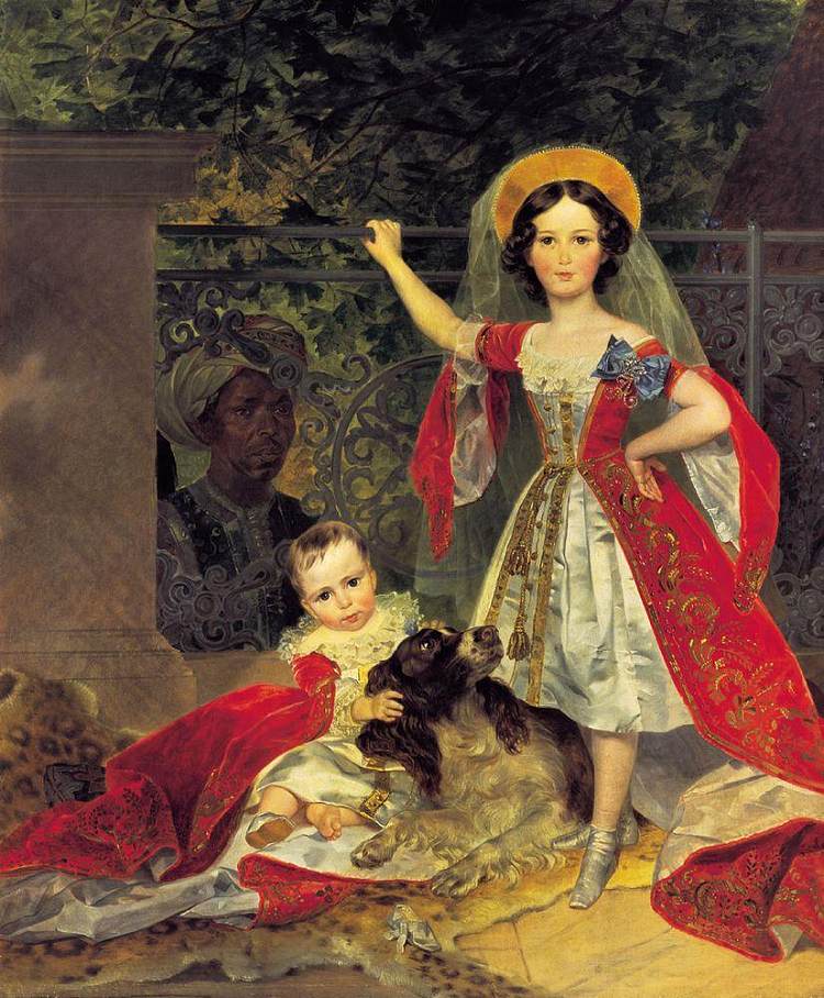 沃尔康斯基斯儿童与布莱克莫尔的肖像 Portrait of Volkonskis Children with Blackamoor (1843)，卡尔·布留洛夫
